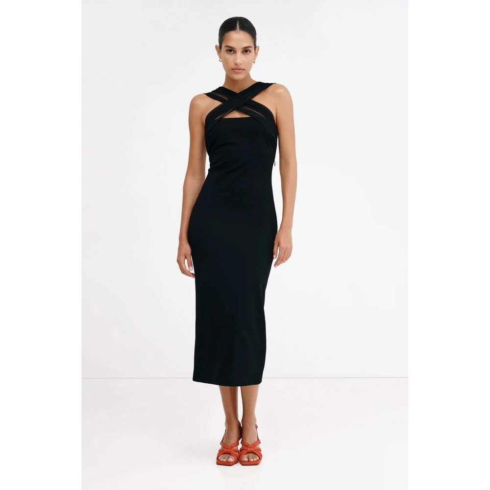 Marcella NYC Black Mesh Halter Midi Dress NWT Size M Side Zip Stretch Jersey